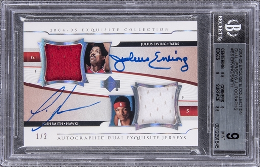 2004-05 UD "Exquisite Collection" Dual Jerseys Autographs #ES Julius Erving/Josh Smith Dual Signed Game Used Patch Card (#1/2) – BGS MINT 9/BGS 9